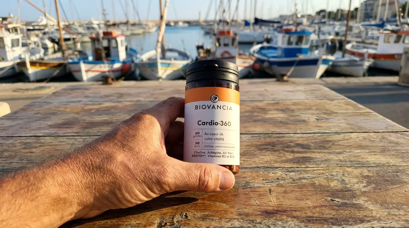 Olivier Pellegrini tient une boîte de Cardio-360 Biovancia sur le port de La Ciotat